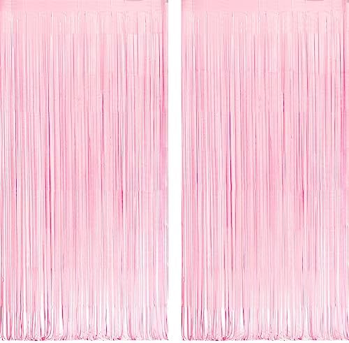 Pastel Pink Party Backdrop Decoration - GREATRIL Baby Pink Foil Fringe Streamers for Baby/Boo Day/Valentines/Cowgirl/Sweet/Cloud/Unicorn/Princess/Bow Themed - 3.2ft X 8.2ft - 2 Packs by GREATRIL