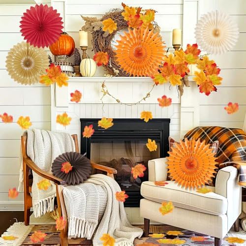 Fall Party Decorations, Orange Hanging Paper Fans, 100 Pcs Artificial Maple Leaves, Fall Leaves Garland, Fall Hanging Decorations, Pumpkin Orange Colors for Thanksgiving, Harvest Home Decor - Image 6