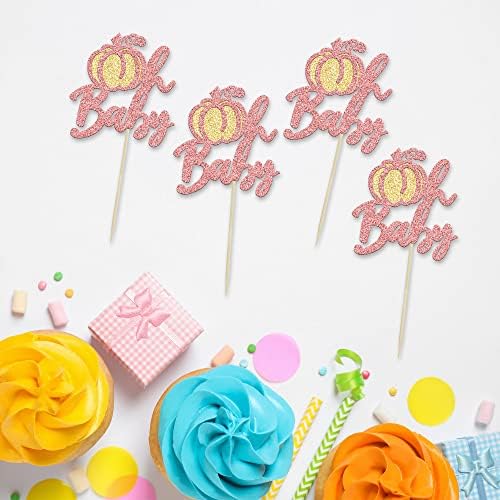 24Pcs Oh Baby Cupcake Toppers Rose Gold Glitter Pumpkin Birthday Baby Shower Party Decorations Cake Picks Fall Babyshower Cupcake Decorations - Image 3