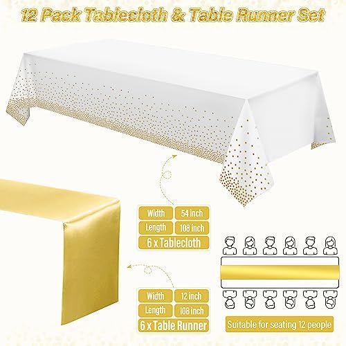 12 Pack White and Gold Tablecloth and Table Runner Set Party Decorations, White and Yellow Gold Plastic Disposable Tablecloth and Satin Table Runner for Wedding Birthday Graduation Anniversary Party - Image 2