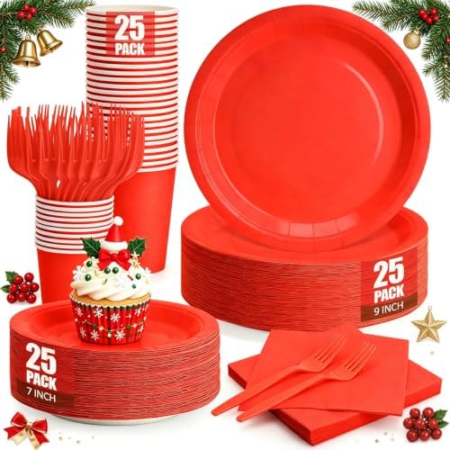 Red Paper Plates and Napkins Party Supplies, 9’’Disposable Red Plates, 7’’Dessert Plate and Cups and Napkins Forks Set for Christmas, New Years, Valentines Days, Birthdays, Graduations, Serves 25 by CENLBJ