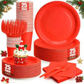 Red Paper Plates and Napkins Party Supplies, 9’’Disposable Red Plates, 7’’Dessert Plate and Cups and Napkins Forks Set for Christmas, New Years, Valentines Days, Birthdays, Graduations, Serves 25 by CENLBJ