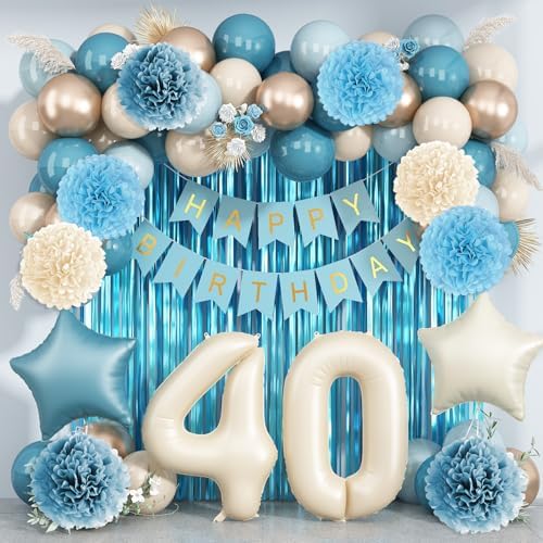 Dusty Blue 40th Birthday Party Decorations Men Beige Number 40 Balloon by KAINSY