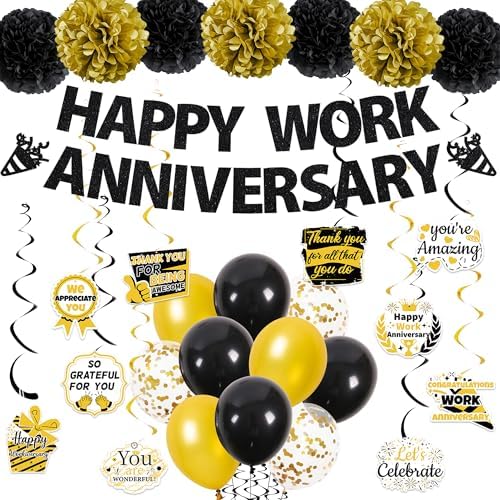 Happy Work Anniversary Decorations Banner, Black Gold Work Anniversary Set by ChenjunCo