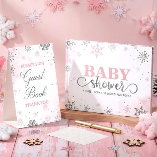 Fuyoooo 27 Pcs Pink Snowflake Baby Shower Guest Book with Pen - Image 2