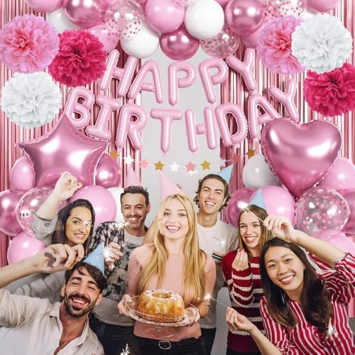 Pink Birthday Decorations for Girls, Pink White Party Balloons Happy Birthday Banner Balloon Star Heart Foil Balloon Fringe Curtain Paper Pompom for Women Bday Party Supplies - Image 2