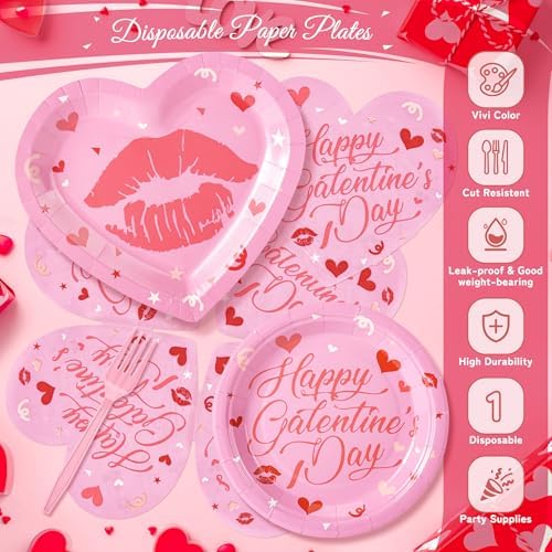 109PCS Happy Galentine's Day Party Supplies,Pink Love Heart Disposable Paper Plates Napkins Cups Forks Dinnerware for 24 Guest,Banner Balloons for Valentines Anniversary Wedding Engagement - Image 3