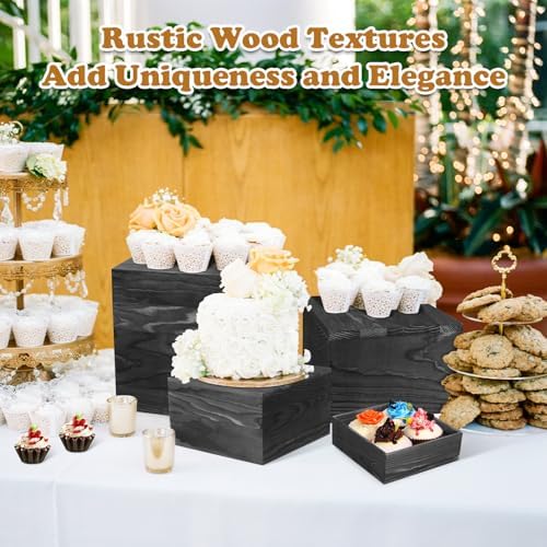 6 Pack Wooden Risers Display Stands Square Food Risers for Buffet Party Rustic Wood Cake & Cupcake Stands Nesting Box Wooden Crates for Display - Image 6