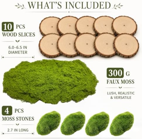 10 Wood Slices with Faux Moss, Moss Table Decor Centerpiece Kit - Image 2
