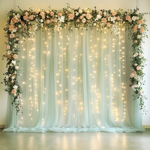 Tulle Backdrop Curtain with Lights 10x10FT Sage Green Sheer Curtains by Xiomot