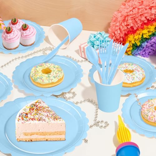 WNINK 175 PCS Light Blue Scalloped Plates and Napkins, Blue Disposable Plates Set with Napkins Cups Plastic Spoons Forks Knives for Birthday Baby Shower Gender Reveal Party Supplies Serve 25 Guests - Image 7