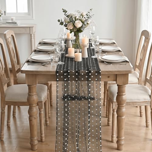 Artoid Mode Black Gauze Flocking White Dots Table Runner 10FT, Halloween Sheer Dining Table Decor for Wedding Anniversary Holiday Birthday Home Party - Image 2