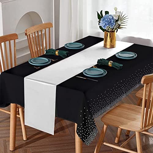 16Pack Disposable Plastic Tablecloths and Satin Table Runner Set Black and Silver Dot Tablecloth Silver Satin Table Runner for Wedding Birthday Baby Shower Anniversary Christmas New Year Party Supply - Image 4