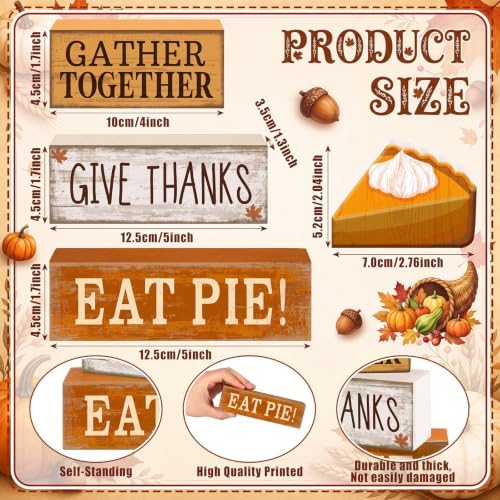 Moucuny 4 Pcs Fall Coffee Table Decor Wooden Pie Topper Thanksgiving - Image 2