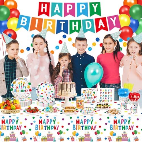 Happy Birthday Decorations - Colorful Dots Birthday Party Supplies Includes Plates, Napkins, Cups, Cutlery, Banner, Hanging Swirl, Tablecloth, Balloons for Birthday Decorations, Serves 24 - Image 6
