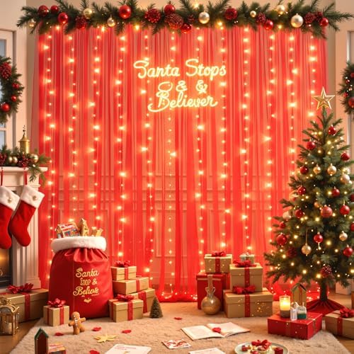 10ft x 10ft Red Tulle Photo Backdrop Curtain with Lights String for Christmas Party Red Sheer Curtain Backdrop Drapes for Birthday Party Wedding Holiday Photo Booth Background Home Room Decorations - Image 4