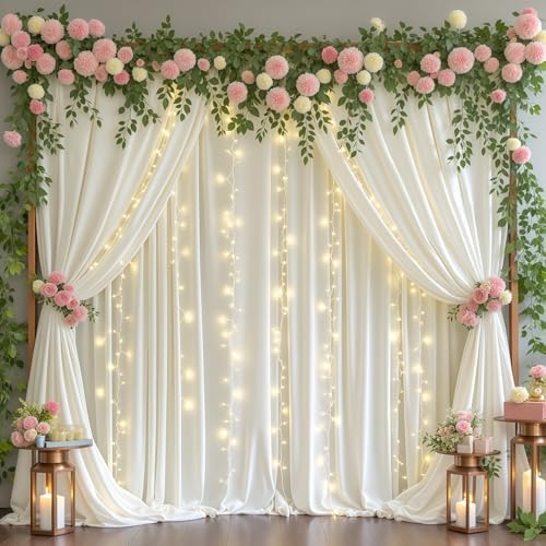 Cream White Backdrop Curtains with Lights for Wedding Parties,10x10FT Wrinkle Free Photo Backdrop Curtains Fabric Drapes for Baby Shower Ceremony Photography Photoshoot Decorations-5ft x 10ft 2 Panels by Partisky