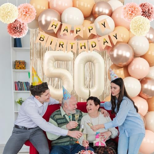 Beige Happy 50th Birthday Party Decoration Women Cream Number 50 Balloon - Image 6