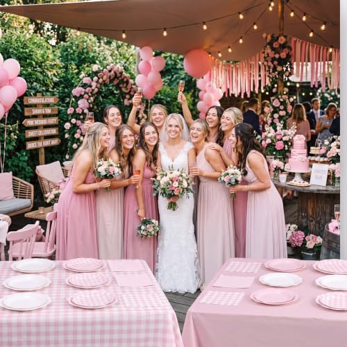 LemonRoad 100 Pcs Pink Gingham Paper Plates Napkins Plastic Tablecloth Set for 24, Pink and White Disposable Dinner Dessert Scalloped Plates for Baby Shower Picnic BBQ Birthday Party Supply Decoration - Image 4