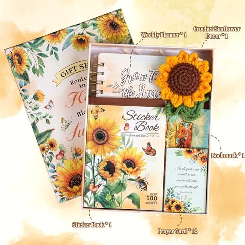 Sunflower Planner Gift Set for Women - 1 Sticker Book of 600+ Stickers, 1 Weekly Planner, 1 Crochet Keychain, 1 Metal Bookmark, 12 Prayer Cards, Gift for Women Men Teens Christian Birthday Mothers Day - Image 3
