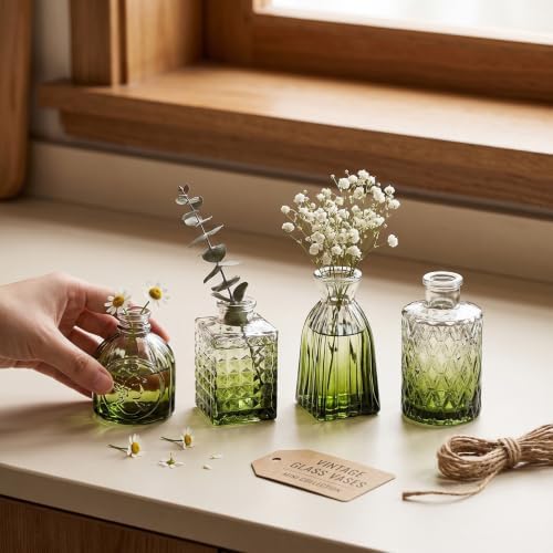 Clear Gradient Green Glass Bud Vase Set of 12 Pcs,Small Bud Vases in Bulk,Glass Crystal Flower Vases Table Centerpieces for Party Event Wedding Decor Baby Shower Decorations (Gradient Green, 12 Pcs) - Image 2