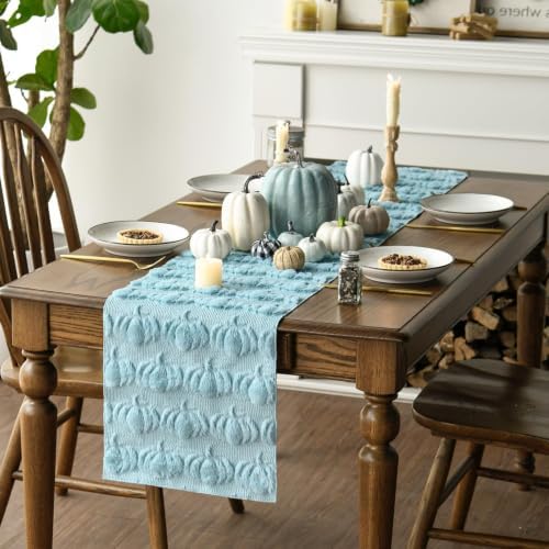Artoid Mode Blue Soft Faux Fur Pumpkins Fall Table Runner 13x72 Inch - Image 6