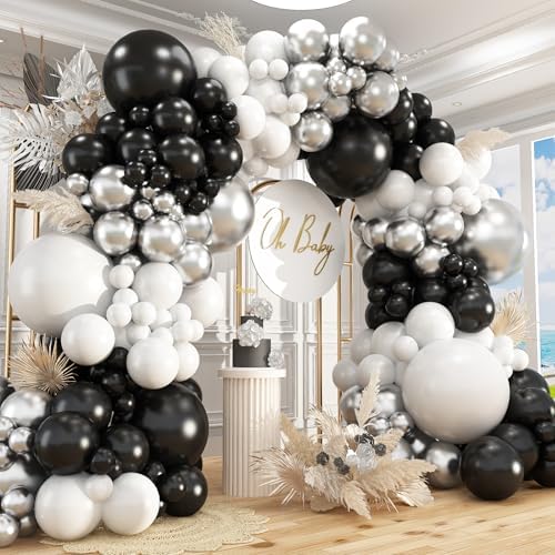412Pcs Black and Silver White Balloon Arch Kit, 18 12 10 5 Inch Different Size Black and Silver White Balloons for Graduation Birthday Wedding Party Decorations by PAXILE