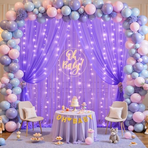 Purple Sheer Backdrop Curtains with Lights String for Baby Shower Girls 2 Panels 5×8ft Tulle Backdrop Curtain for Wedding Bridal Shower Elephant Birthday Party Photo Shoot Background Decorations - Image 2