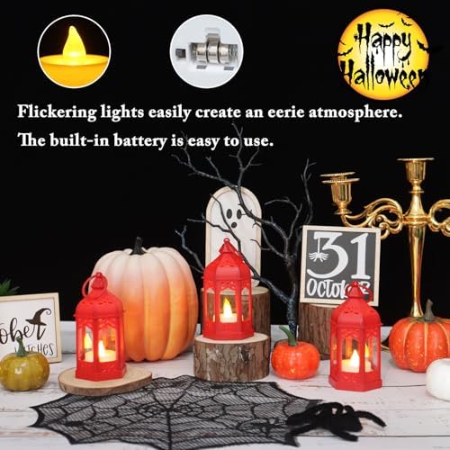 LLQ 8 Pcs Mini Lantern Decor Moroccan Lantern with Flickering LED Candle Table Centerpiece Small Vintage Christmas Hanging Lamp Ornaments Bulk for Wedding Halloween Christmas Party (5 Inch,Red) - Image 5