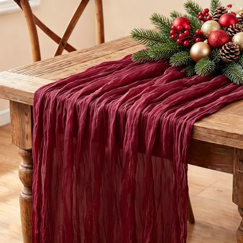 3Pcs Burgundy Table Runner, 10FT Boho Rustic Burgundy Maroon Table Runner 120inch Cheese Cloth Red Runner for Wedding Christmas Birthday Holiday Party Decorations by Miucat