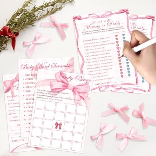 Pink Bow Baby Shower Games for Girl, 4 Games for 25 Guests, Guess Who Mommy or Daddy, Word Scramble for Baby Shower Decorations - Image 4