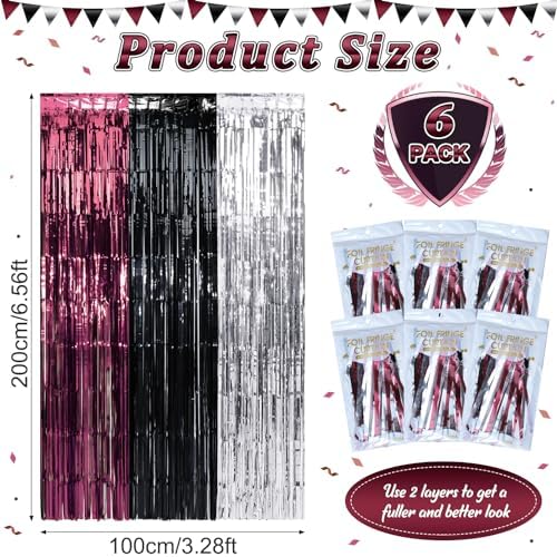 6 Pack 3.3Ft x 6.6Ft Graduation Foil Fringe Curtain Backdrop Decorations, Maroon Black Silver Metallic Tinsel Foil Streamers Curtain Photo Booth Background for Graduation Prom Wedding Birthday Party - Image 3