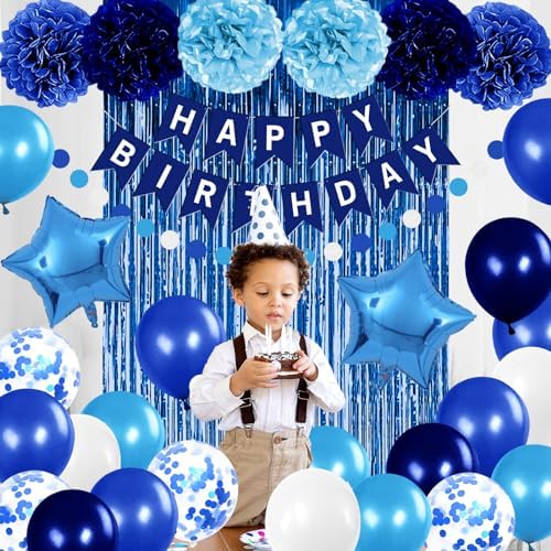 Blue Birthday Party Decorations for Boys Men Happy Birthday Banner Balloons Navy Royal Light Blue Pom Poms Foil Curtain Décor Party Decorations for Baby Boy - Image 4
