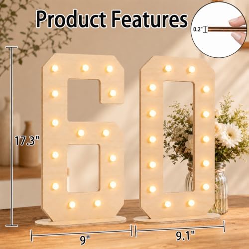Pooqla 60th Birthday Decorations, 17.3 in Tall Wooden Light Up Numbers - Image 4