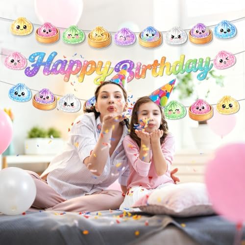 Paper Squishy Birthday Decorations Happy Birthday Banner Dumpling Birthday Party Decorations Dumpling Themed Bun Pattern Banner Birthday Party Dimsum Bun Food Theme Party Decoration - Image 6