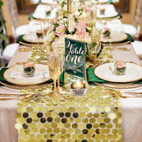 Pufogu 12 x 108 Inch Sequin Table Runner, Gold Glitter Premium Big Sequin Table Runners, Rectangle Table Runner for Halloween, Christmas, Wedding Party, Birthday Party, Banquet Decor (1 Pack). - Image 2
