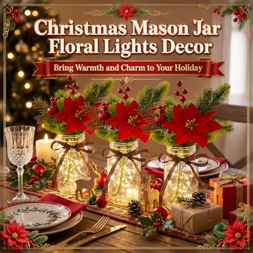 4 Sets Christmas Mason Jar Centerpiece with LED Lights - Image 5