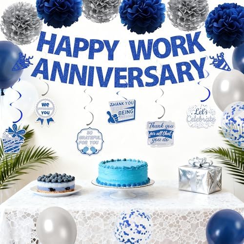 Happy Work Anniversary Decorations Banner, Blue Silver Work Anniversary Set - Image 5