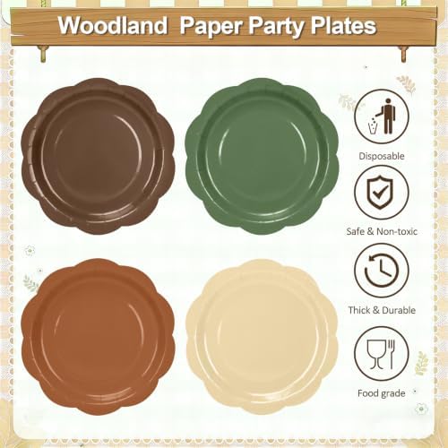 96Pcs Woodland Plates and Napkins Party Supplies,9 Inch Sage Green Brown Neutral Disposable Plates,6.5" Scalloped Napkins,Animals Safari Baby Shower Party Decorations for Birthday,Serves 48 - Image 5