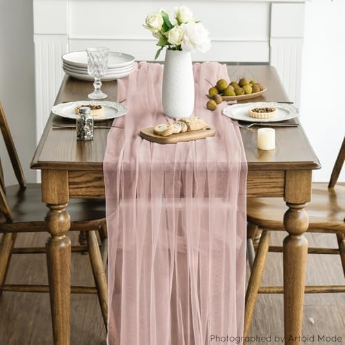 Artoid Mode Dusty Rose Gauze Table Runner 120 Inch 10FT, Seasonal Sheer Kitchen Dining Holiday Wedding Birthday Baby Shower Table Decor for Home Party - Image 3