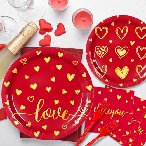 96 Pieces Valentine’s Day Love Tableware Set – Red and Gold Heart Disposable Plates, Napkins, and Forks for Romantic Dinners, Wedding, Anniversaries, and Valentine Celebrations – Serves 24 Guests - Image 4