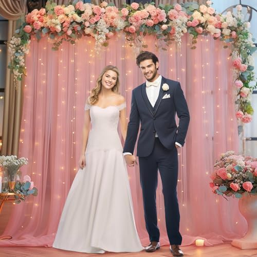 10x8ft Dusty Rose Tulle Backdrop Curtain with Lights String for Parites, Sheer Backdrop Curtains for Wedding Baby Shower Birthday Party Photo Shoot Decorations - Image 4