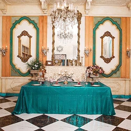 Eternal Beauty Teal 90x132 Inch Tropical Beach Sequin Tablecloth - Image 3
