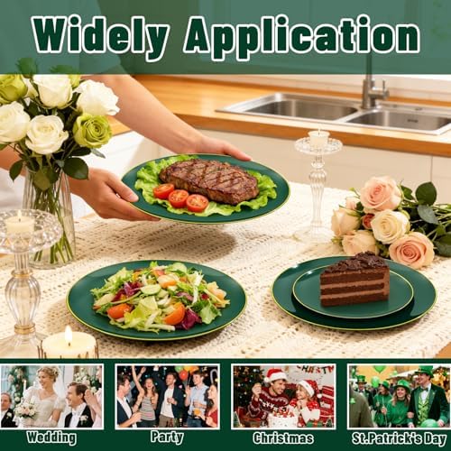 YOUBET 125PCS Green Plastic Plates with Gold Rim for Party Wedding - Image 6