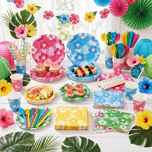 450 Pcs Hawaiian Leaves Flowers Tableware Set, Serve 50, Colorul - Image 6