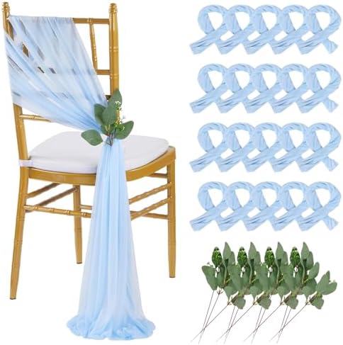 QueenDream Light Blue Chair Sashes Wedding Aisle Decorations: 16 Packs 8ft Long Draping Fabric Sheer Church Chair Cover Bulk for Baby Shower Party Banquet by QueenDream