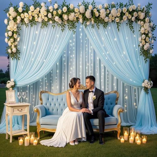 Gallety Baby Blue Tulle Backdrop Curtain with String Lights, 10x8ft Sheer Blue Backdrop Curtain for Photography, Wedding, Boy Gender Reveal, Baby Shower, Birthday, Baptism, Easter Decorations - Image 6