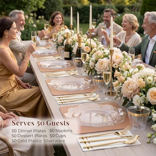 WDF 350Pcs Clear and Gold Plastic Plates - Heavy Duty Clear Plates Disposable - Gold Dinnerware Sets of 100 Plastic Plate 150Silverware 50 Cups 50 Napkins for Wedding/Thanksgiving/Fall/Rosh Hashanah - Image 2