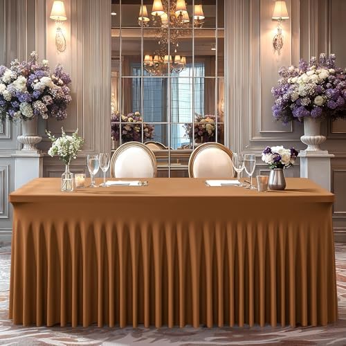 Wish Care 6 Pack Brown Spandex Table Clothes for 6 Foot Rectangle Tables, 6FT Wrinkle Free Fitted Tablecloths Ruffles Design Table Cover for Party, Banquet, Wedding and Events - Image 5