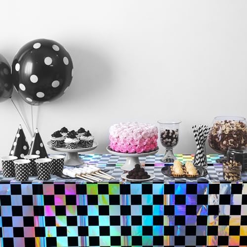 3Pack Black and Iridescent Checkered Plastic Tablecloth, Shiny Disposable Laser Rectangle Table Covers, Holographic Foil Tablecloth Iridescent Party Decorations for Picnic Camping Race Car, 54x108Inch - Image 6